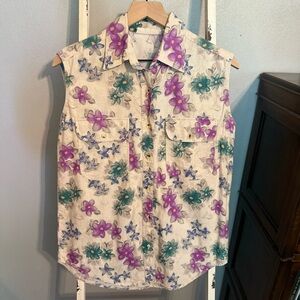 Vintage Red Rover Linen Floral Sleeveless Button-Up Shirt Size M Women